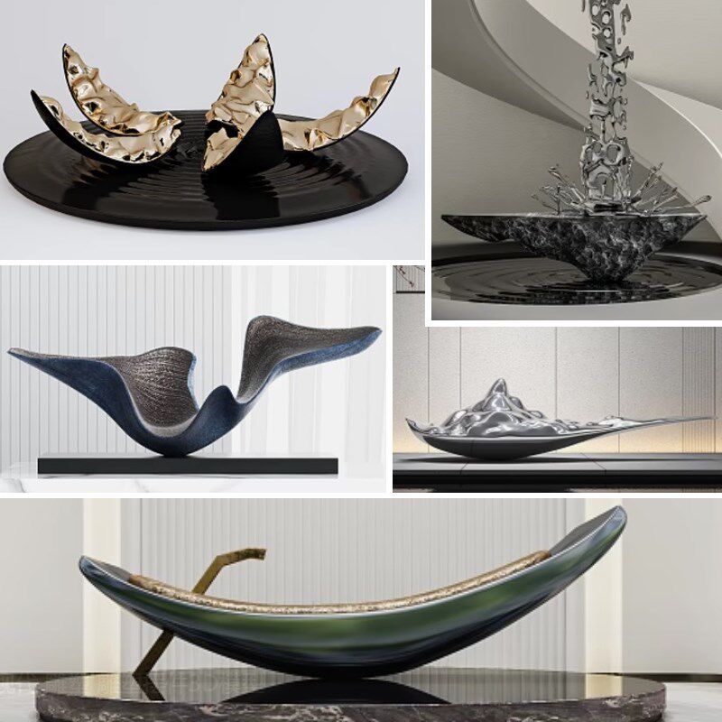 玻璃钢抽象船型雕塑定制户外园林水景观大型镜面叶子金属落地摆件