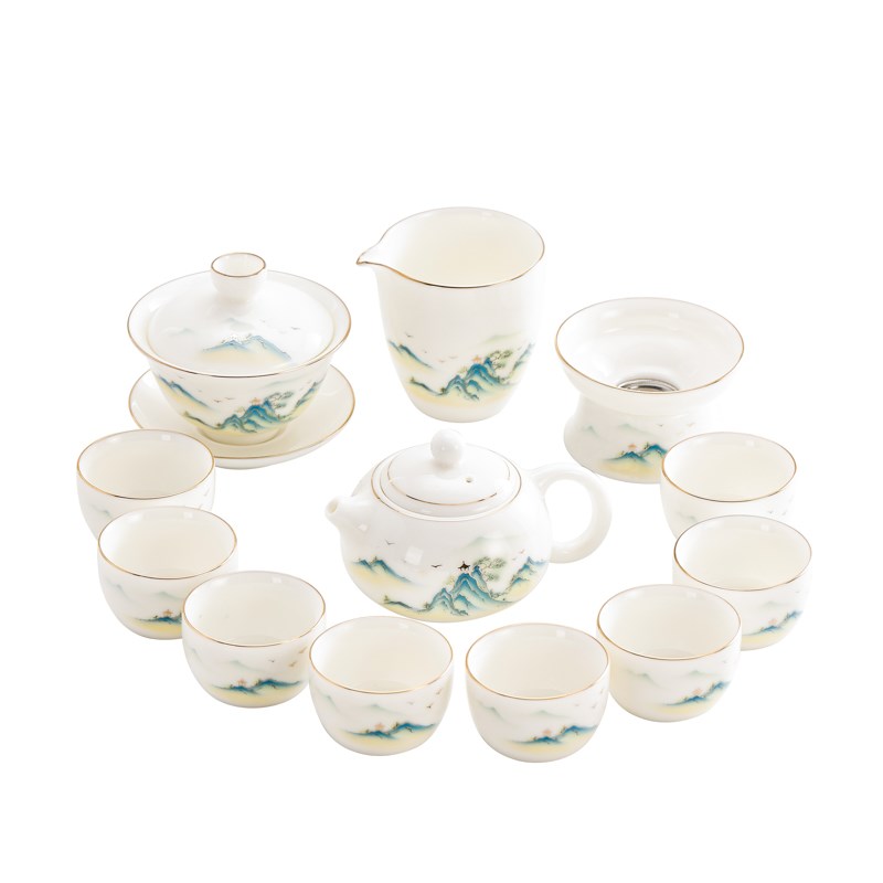 羊脂玉功夫茶具千里江山套装公司活动送长辈客户实用商务礼物