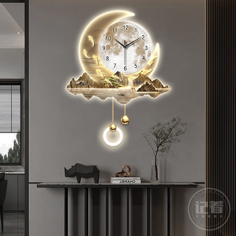 流水生财钟表挂钟客厅玄关装饰画带灯饭厅格栅电视墙灯具发光时钟