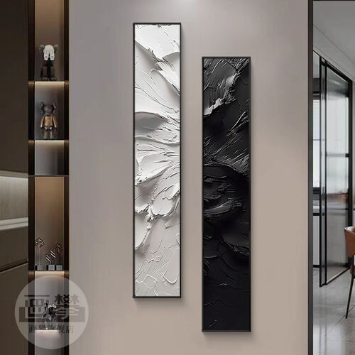 黑白抽象肌理装饰画挂画窄长条竖玄关走廊尽头过道楼梯间墙面壁画