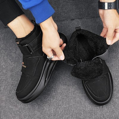 冬天无鞋带雪地靴加绒保暖运动休闲棉鞋男款白色高帮板鞋学生冬鞋