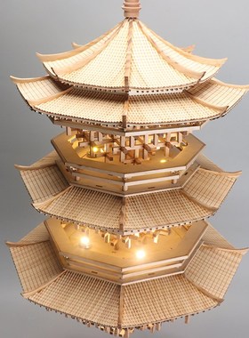 新中式榫卯实木古建筑吊饰书房客厅玄关茶室办公室软装饰品吊灯