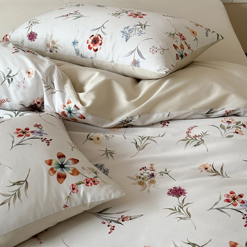 春夏美式花卉米白色100支长绒棉床品被套1.8米双人床单四件套