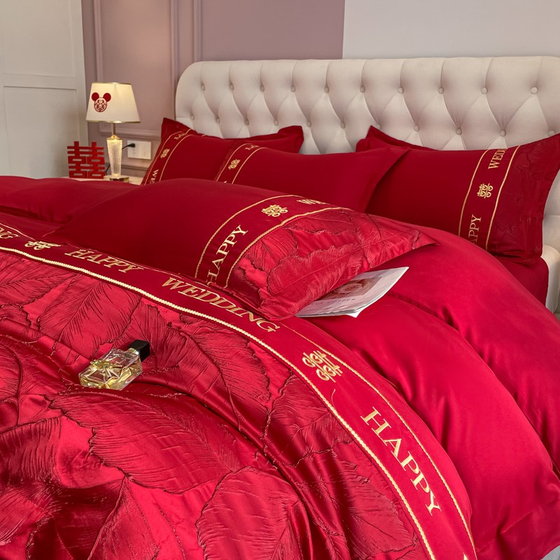婚庆四件套大红色全棉床单被套喜被结婚嫁新婚房床上用品