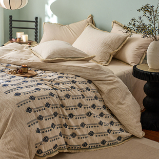 栖屿棉麻 吸汗80支床品套件浮雕提花四件套复古被罩床上用品