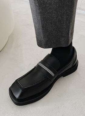 潮男皮鞋男黑色百搭一脚蹬懒人鞋韩国小众设计感英伦方头男鞋套脚
