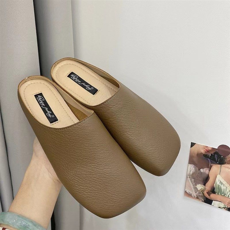韩国时尚包头半拖鞋女外穿平底22年春季软皮防滑方头一脚蹬懒人鞋,女鞋,包头拖,淘宝优惠券,粉丝福利购,淘宝优惠卷