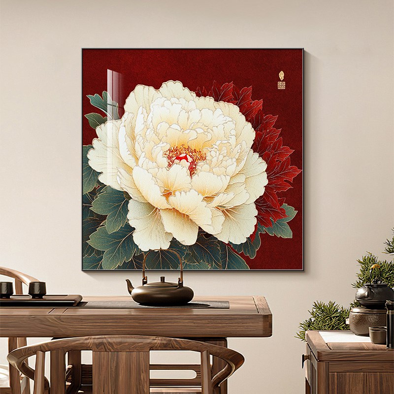 牡丹花入户玄关装饰画新中式花开富贵客厅餐厅壁画大气正方形挂画图片