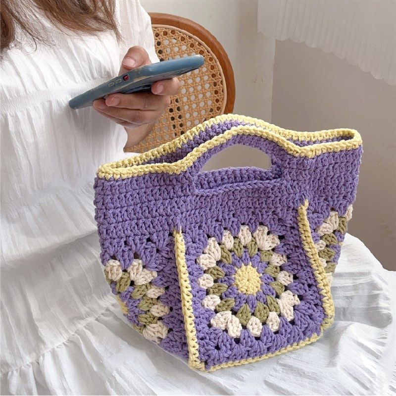 手工编织手机包祖母格手提包圆股纱空心纱毛线钩针diy编织材料包