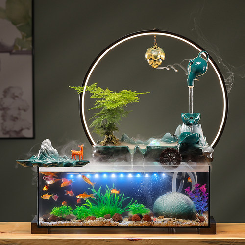 流水摆件办公室桌面鱼缸客厅景观水循环生L财鱼缸开业礼物自带过