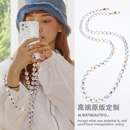 韩国个性长款斜跨l手机链挂件女时尚彩色串珠挂绳挂饰水晶挂链配