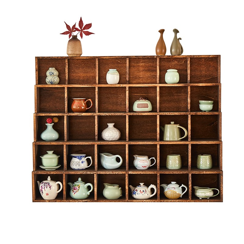 博古架实木中式阶梯挂墙茶壶多宝阁壁挂式茶室置物架现代简约茶壶