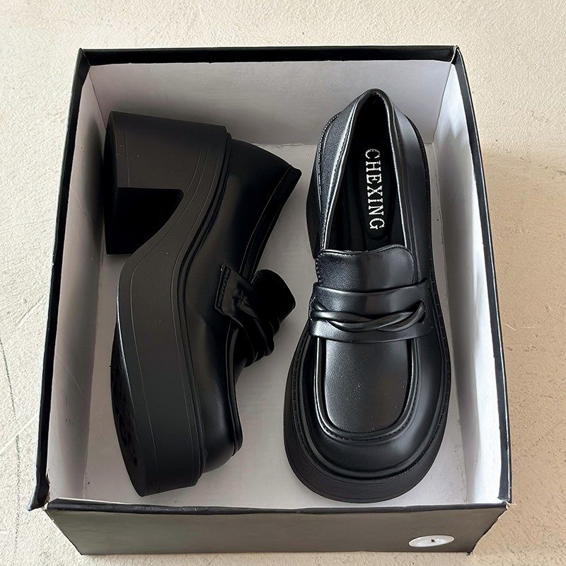 英伦风小皮鞋女厚底增高单鞋百搭粗跟高跟鞋一脚蹬春秋黑色乐福鞋,女鞋,深口单鞋,淘宝优惠券,粉丝福利购,淘宝优惠卷