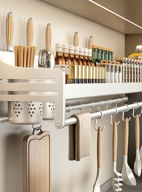 不锈钢厨房置物架免打孔壁挂式调味料筷子白色刀架用品大全收纳架
