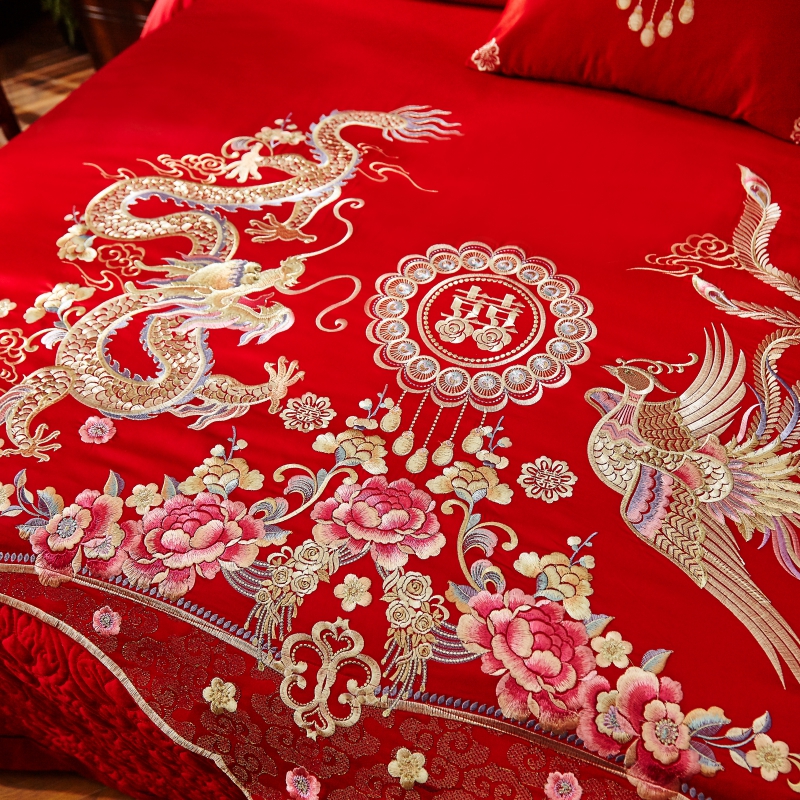 结婚床上用品四件套新婚婚庆喜被六八件套大红色床单婚礼床品