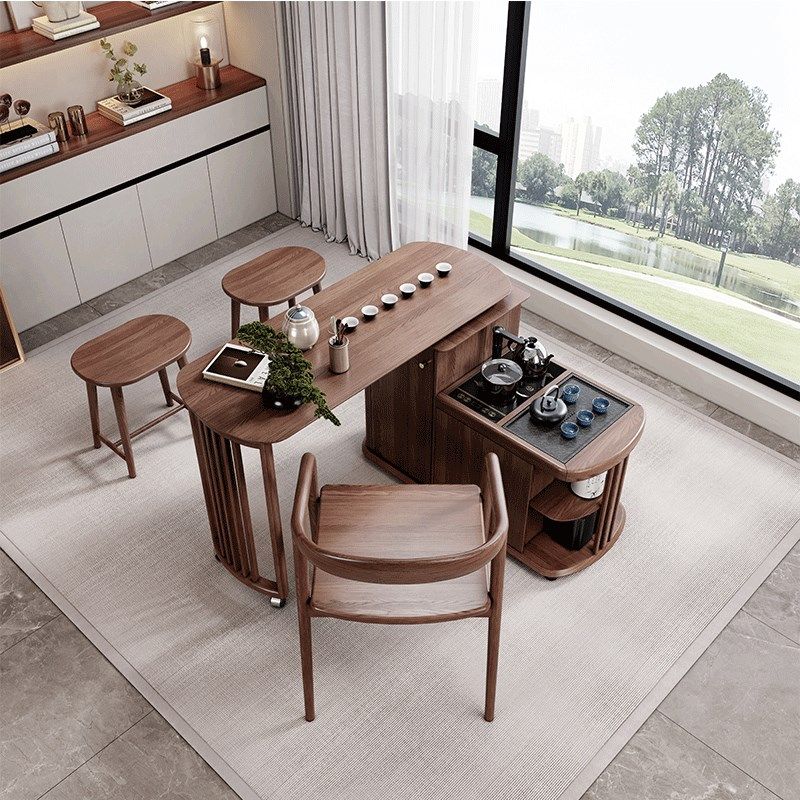 现代简约实木茶车可旋转折叠移动泡茶桌乌金石家用阳台功夫小茶台