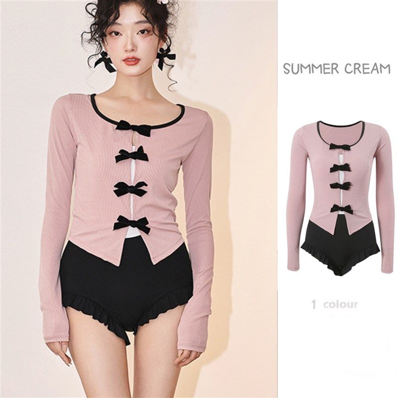 2024新款保守长袖罩衫蝴蝶结三角连体泳衣女甜美女孩沙滩温泉度假,运动/瑜伽/健身/球迷用品,连体泳衣,淘宝优惠券,粉丝福利购,淘宝优惠卷