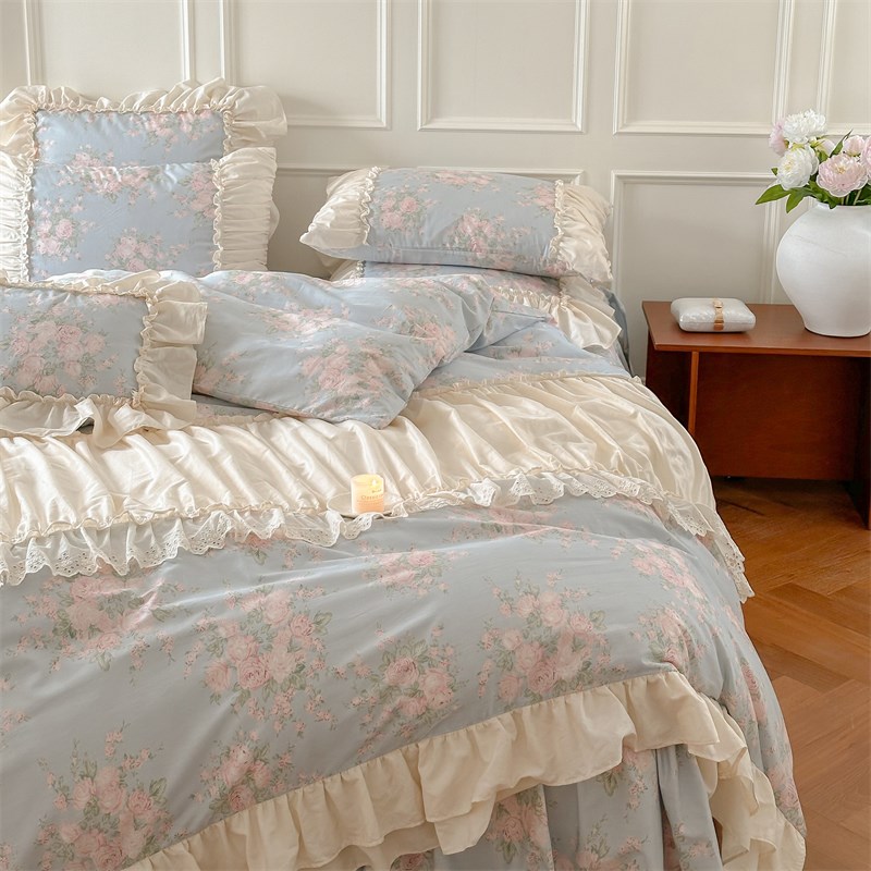 2024新款法式公主风床裙款全棉床品四件套纯棉床罩床单花边被套