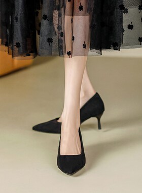 高跟鞋女细跟法式少女尖头鞋面试礼仪正装黑色浅口小单鞋套脚工鞋