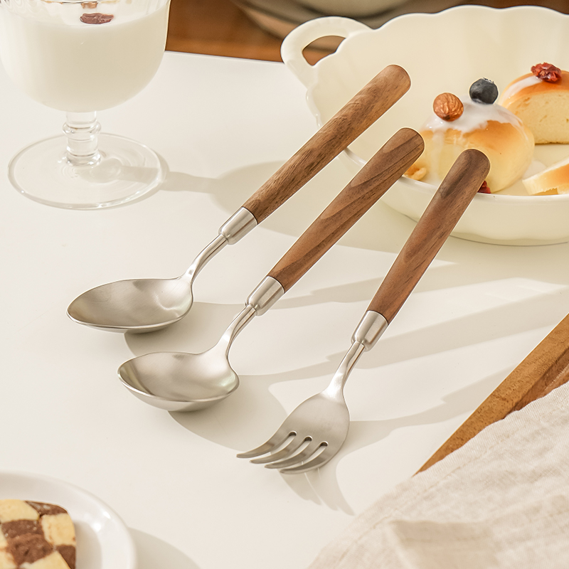 木柄叉勺组合不锈钢勺子家用高档精致304叉子高颜值网红吃饭餐勺