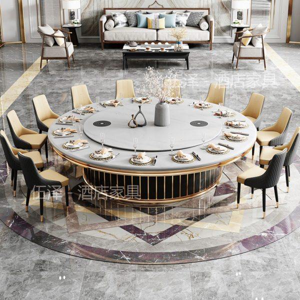 定制岩板电动餐桌大圆桌大理石新中式餐台20人会所包厢转盘火锅桌
