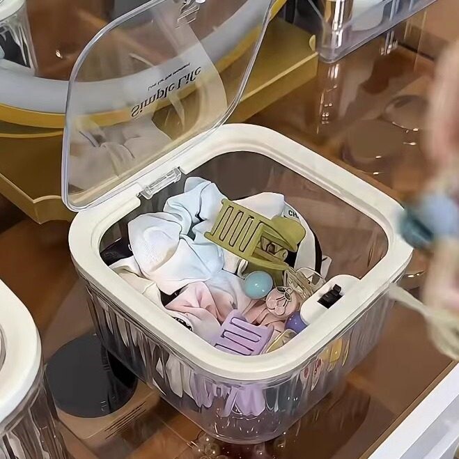 化妆品收纳盒自动弹盖防尘发饰收纳盒美妆蛋粉扑收纳盒桌面垃圾桶