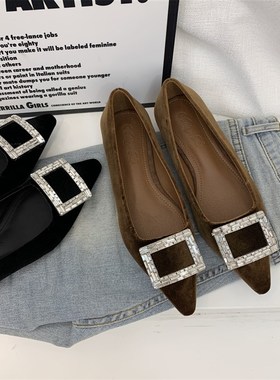 平底尖头黑色绒面单鞋女鞋子2024年新款春秋季浅口水钻气质工作鞋