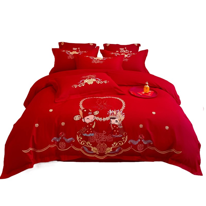 全棉结婚床上用品四件套大红色婚庆纯棉被套床单新婚中式婚礼婚房
