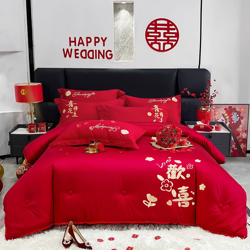 婚嫁刺绣大红色春秋夏凉被结婚女方陪嫁婚庆双人被芯冬季加厚10斤