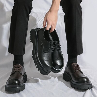 棕色皮鞋男士商务正装春秋年轻人英伦休闲软底内增高结婚鞋子男款