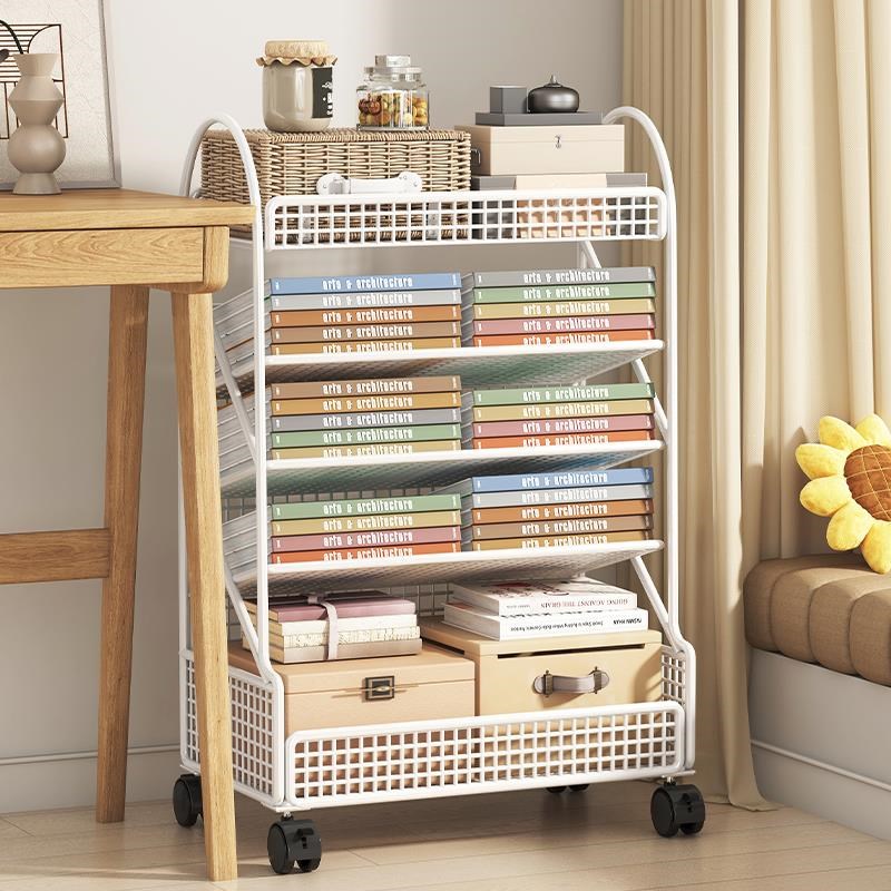 学习桌桌边落地式带轮小书架桌旁书立架儿童简易书柜可移动置物架
