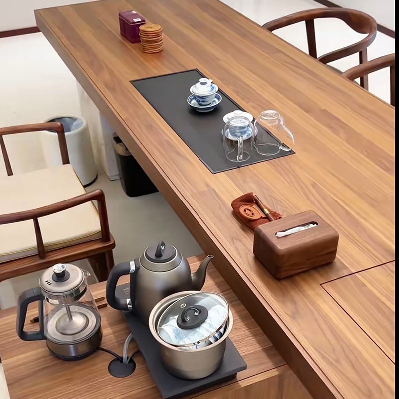 意式长方形黑胡桃木茶桌办公室现代简约2025新款茶室高级泡茶台