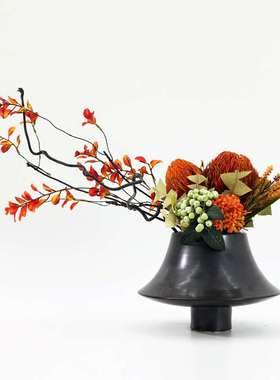 新中式仿真花艺橙色调插花软装样板间售楼部酒店玄关茶几餐桌摆件