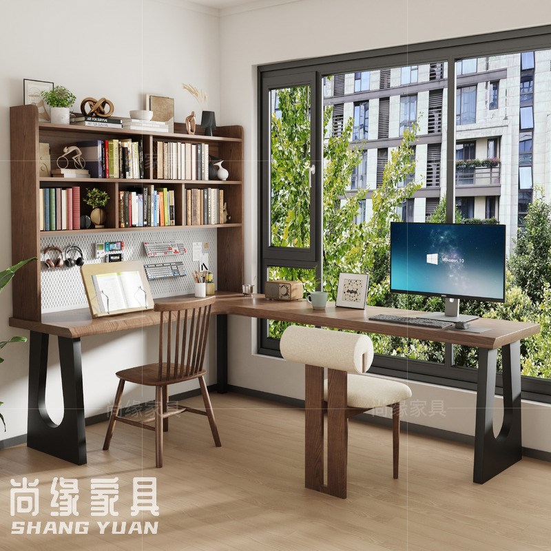 实木转角书桌书柜靠墙拐角儿童学习桌 书房l型双人电脑桌书架一体