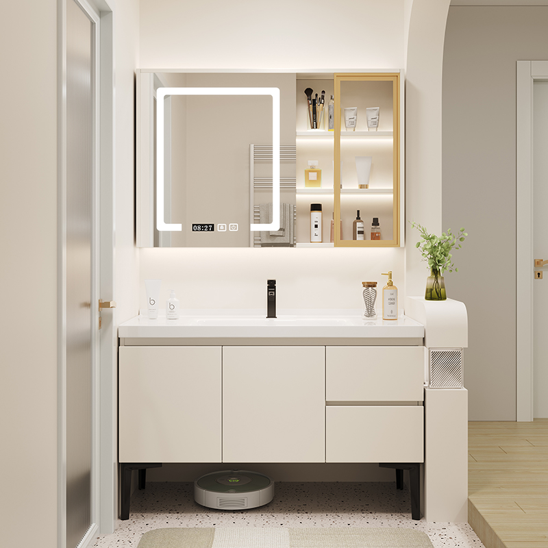 奶油风实木浴柜组合一体陶瓷盆落地柜化妆室洗手池洗脸盆洗漱台