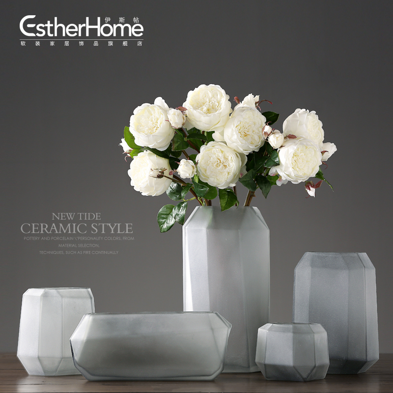 美式几何磨砂透明玻璃花瓶摆件 欧式家居装饰品客厅餐桌花瓶摆设