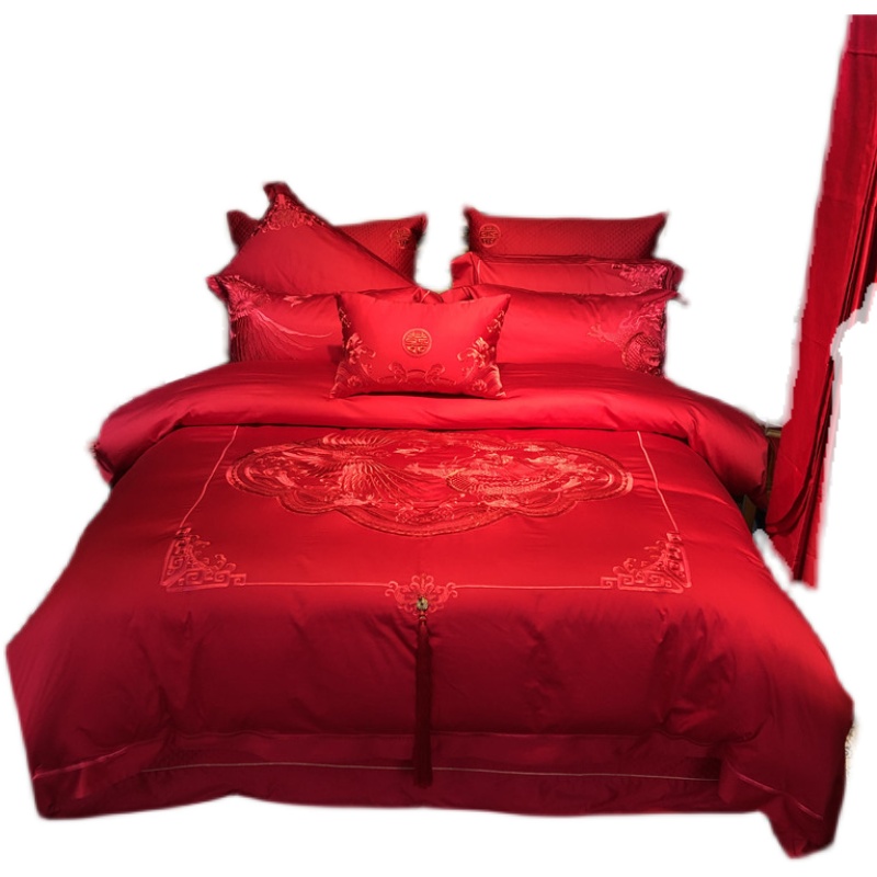 婚庆四件套喜被大红色纯棉全棉140支长绒棉刺绣龙凤结婚床上用品