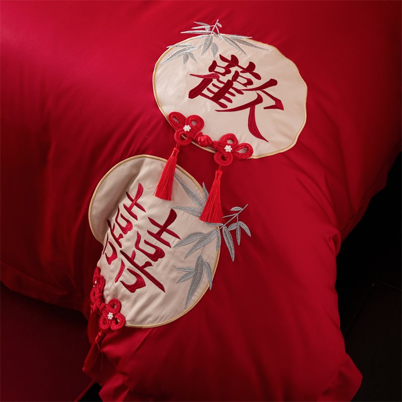 中式高级感大红色全棉结婚四件套纯棉婚庆喜被婚嫁六件套床上用品
