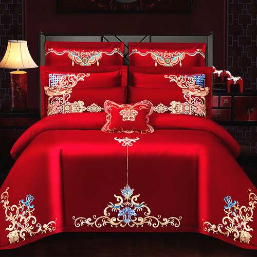 婚庆四件套大红龙凤刺绣r被套新婚绣花喜被床品结婚喜庆六八十件