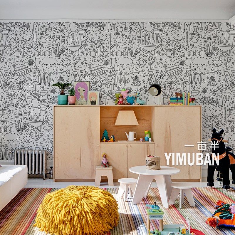 现代黑白涂鸦儿童房背景墙壁纸壁布男女孩卧室床头墙艺术墙纸墙布