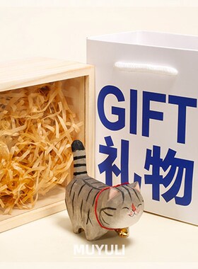 木雕木头狸花猫咪桌面摆件可爱女情侣一对新年装饰小猫手工礼物