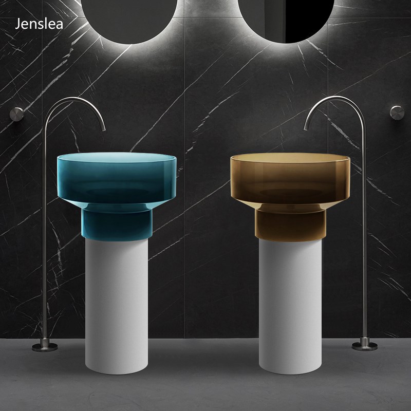 彩色陶瓷立柱盆卫生间立式洗脸盆一体落地式洗手盘阳台小水池圆形