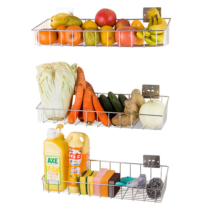 厨房蔬菜置物架收纳筐家用304不锈钢多层壁挂式免打孔水果沥水篮