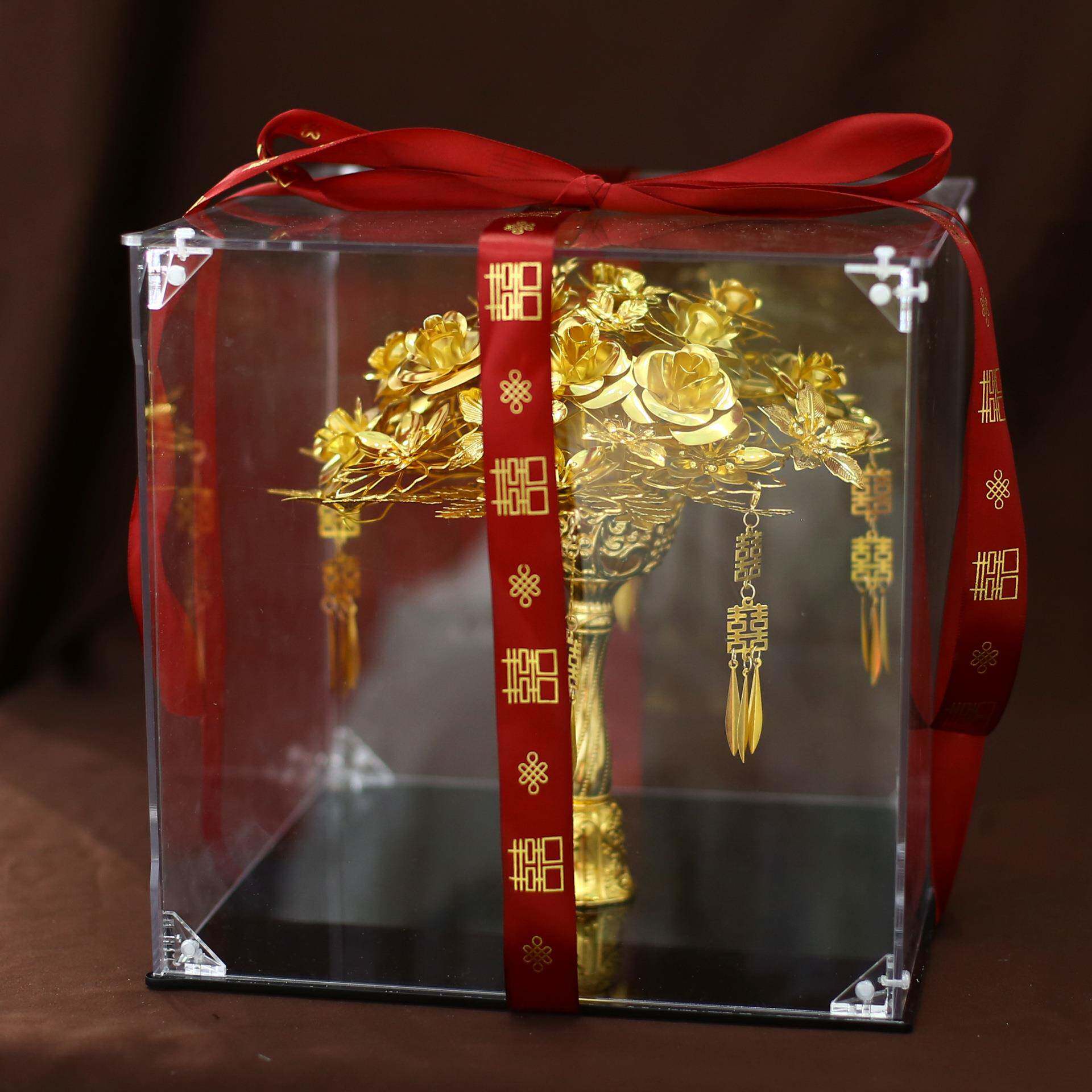 新气娘结婚秀禾中式婚礼高级质闺色蜜黄金金属玫花瑰手捧成品团扇