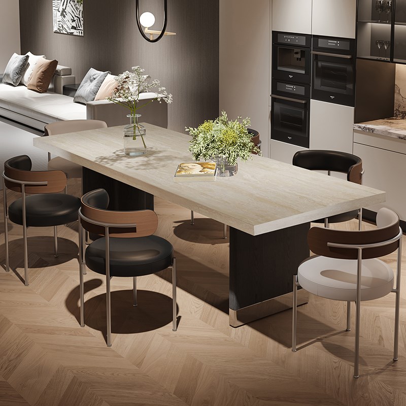 意式简约复古风洞石下挂岩板餐z桌椅组合实木茶桌岛台大户型长方