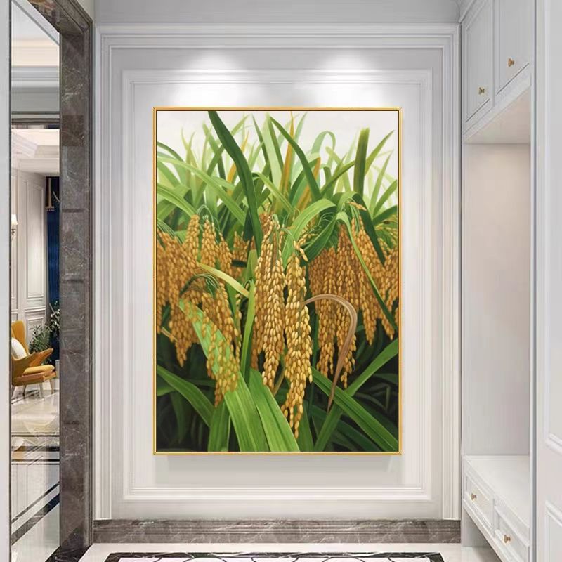 大芬新中式丰收金色稻穗手绘油画客厅餐厅玄关装饰画穗穗平安挂画