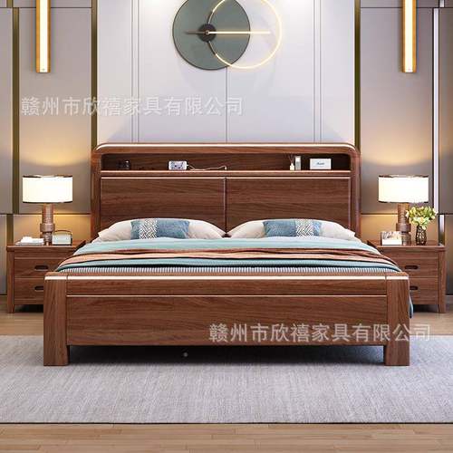 中式金x主丝胡桃木色实木卧002榫卯1床.82米单双人床家用储物婚床