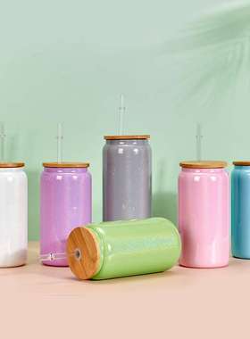 现货供应16oz高硼硅可乐咖啡杯子 奶茶玻璃杯 竹盖吸管彩色梅森杯