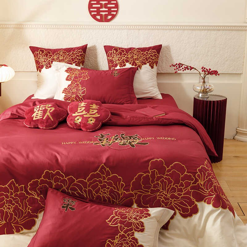 富贵牡丹刺绣全棉长绒棉结婚四件套喜庆乔迁送礼被套床单床品