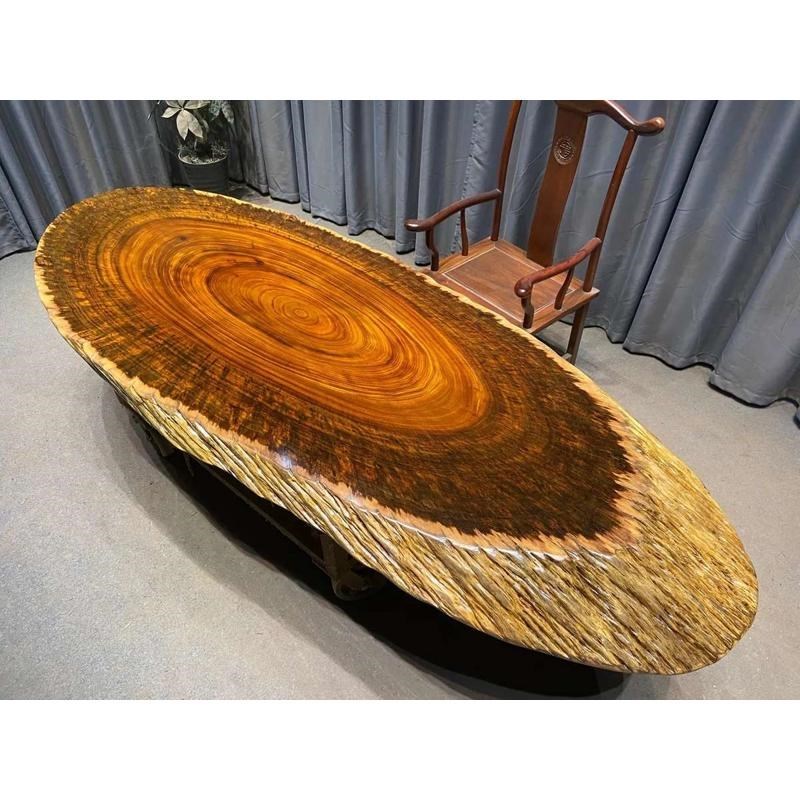 奥坎实木大板斜切椭圆形餐桌圆盘饭桌原木自然边斜盘随形茶桌茶